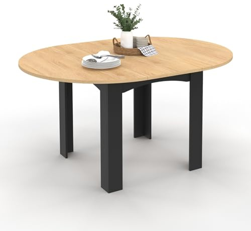 IDMarket - Table à Manger Extensible Ronde Dona 4-8 Personnes Noire Plateau façon hêtre 110-150 cm