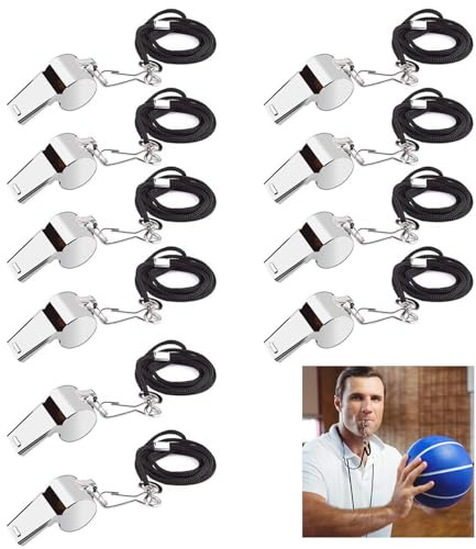 Txeouse Sifflets en Acier Inoxydable, 10 Pack Métal Sifflet de Sport avec Cordon, Idéal pour Les Entraîneurs, Les Arbitres, Les Officiels, Enseignant