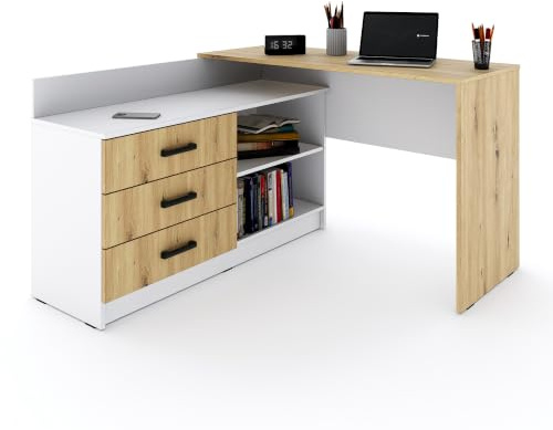 Marlux-Meble Schreibtisch mit Schubladen 3 und Regalen 2 | Eckschreibtisch Weiß Matt - Artisan-Eiche | PC Schreibtisch L Form (Omega Schreibtisch Holz 131x120x76 cm)