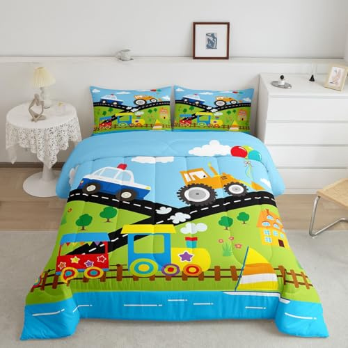 Juego de edredón infantil con diseño de coche de policía, juego de ropa de cama de camión de tren para niños y adultos, edredón suave y colorido de caricaturas, juego de edredón acolchado para