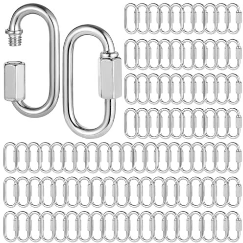 100 Pcs Quick Chain Links, M3.5 Heavy Duty D Shape Links, Galvanized Iron Chain Connectors for Safety, Threaded Locking Repair Chain Links for Outdoor Traveling Equipment, 174lbs Capacity