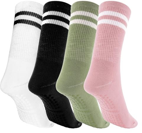 Mikovivi 4 Paar Pilates Socken, Pilates Griffsocken für Damen Lange Rutschfeste Yogasocken Pilates Griffsocken für Damen Yogasocken mit Griff Yogasocken Barre Socken Rutschfeste Socken
