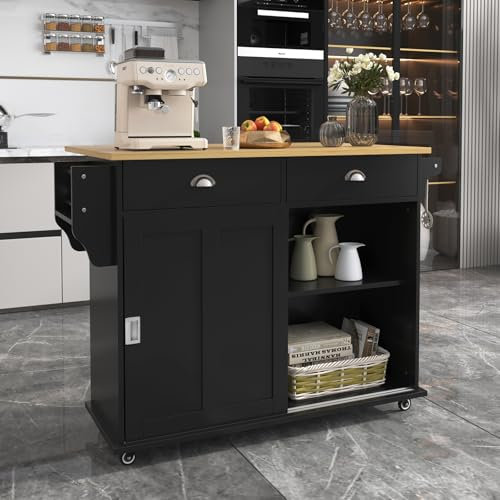JYYQ Mobile Posate,Tavolo Da Lavoro Pieghevole In Legno Massello Con Porta Portaoggetti,Ruote E Piedini Sostituibili In Legno Massello,Adatto Per Cucina E Sala Da Pranzo.112x40 (70) X94 Cm,Nero