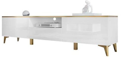 Mirjan24 TV-Lowboard Aioren 2D1S mit 2 Türen und Schublade, Goldene Akzente, Push to Open, Fernsehschrank, Fernsehtisch, TV Schrank TV Bank (Weiß/Weiß Hochglanz + Gold)
