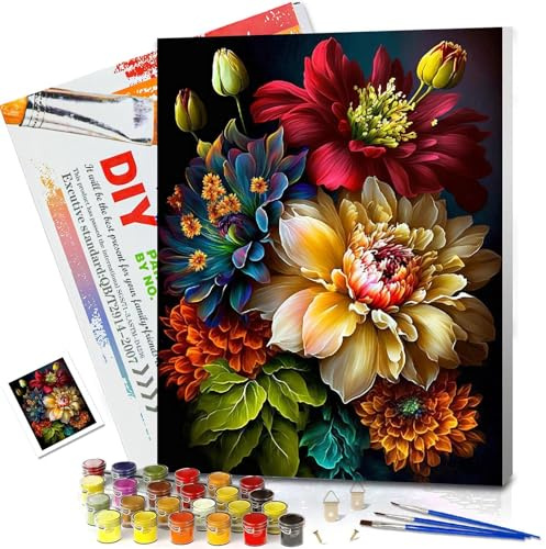 JATOK Paint by Numbers for Adults, Flowers, 30 x 40 cm, Framed | coloured pre-printed canvas, acrylic painting kit, beginner DIY craft, framed wall décor, flowers design, 30 x 40 cm canvas