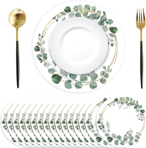 Confezione da 50 tovagliette rotonde in carta con foglie di eucalipto, 35 cm, colore verde salvia, usa e getta, tovagliette in carta, per tavolo da pranzo, cucina, rustiche, matrimoni, baby shower,