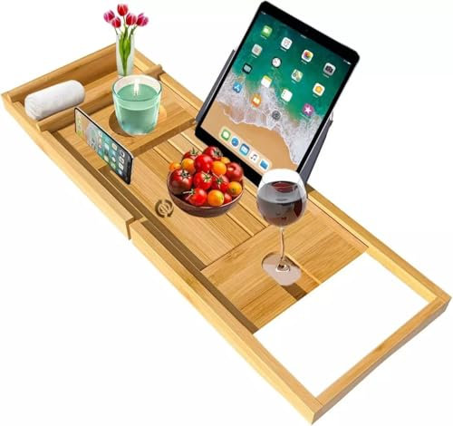 Bamboo Bath Tray Expandable Adjustable Bath Tub Table Caddy Fits Most Bathtub Sizes Perfect Bath Caddy for Home Spa or Gift for Loved Ones With Candle Wine Glass Book, iPad & Phone Holders