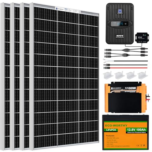 ECO-WORTHY 480W 12V Solar Panel System Kit With 100AH Lifepo4 Battery | 2kWh/Day: 4pcs 120W Solar Panels+100AH LiFePO4 Battery+40A MPPT Solar Controller+1100W 12V Inverter+Accessories for Campervan