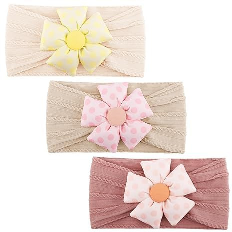 Baby Flower Headbands Baby Girls Nylon Headbands Stretchy Hairbands Handmade Hair Accessories for Newborn Infant Toddlers Kids Baby Essentials 3 Pcs