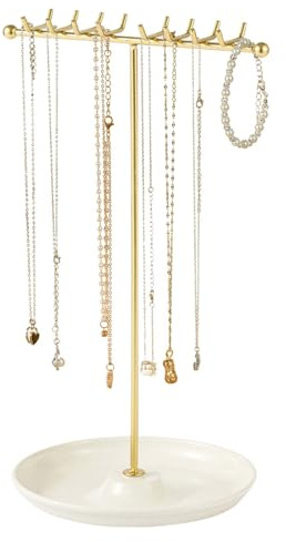 Smyckesställ, kedjeställ med keramisk bas, avtagbart smyckesställ, guldsmyckesorganisatör med 16 krokar för halsband, armband, örhängen, örhängestift, ringar, armband (vit)