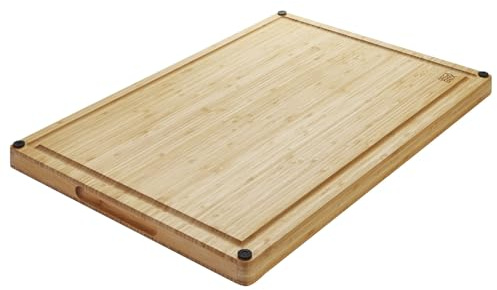 ORGA-BOX XXXL Schneidebrett massiv geölt aus 100% Bambus antibakteriell | mit Griffmulde u. Saftrille 61x40,5x3,2 cm rutschfest inkl. Silikonfüßen zum Schneiden oder Anrichten von Lebensmitteln
