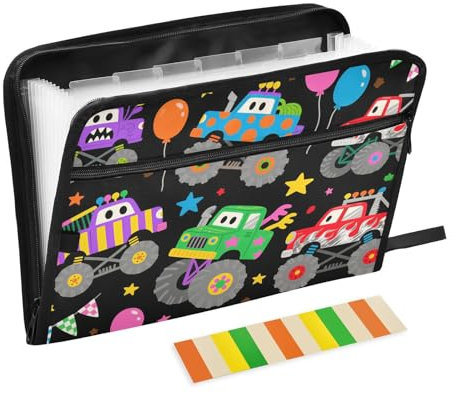 Ordner mit Taschen, 13 Taschen, A4, Briefgröße mit Reißverschluss, für Büro, Cartoon, bunt, niedliche Autos