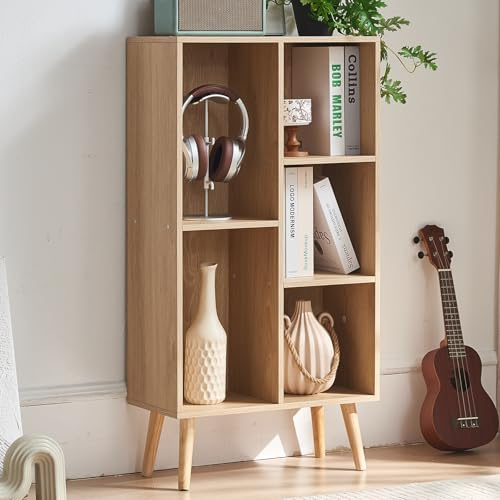 LELELINKY Würfel Bücherregal 3 Etagen Mid-Century Bücherregale mit Beinen,mit 5 Fächern,Holzbücherregale Organizer Aufbewahrungsregal,Freistehende Moderne offene buchregal für Bücherzimmer