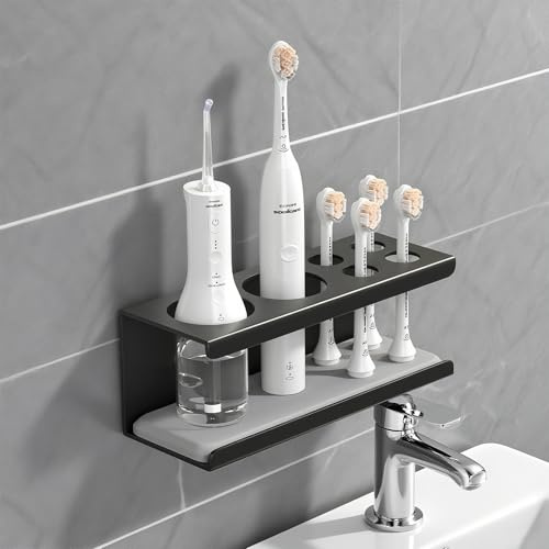 Pmueuff Porta Spazzolino Elettrico, Porta Spazzolini Bagno, Porta Testine Spazzolino Elettrico, Acciaio inossidabile, 6 Scomparti, Portaspazzolino a Muro per Bagno（Nero）