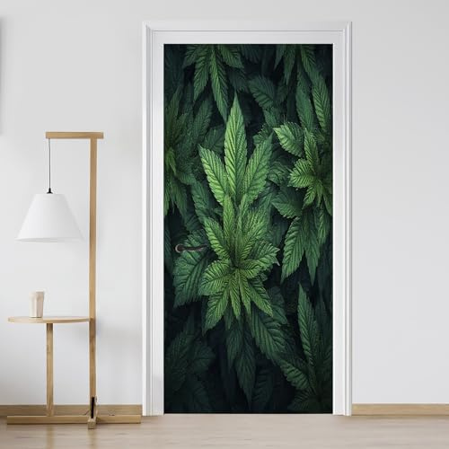 Grüne Cannabis Blätter Türaufkleber 3D Effekt Marihuana Pflanzen Türtapete Selbstklebend Vinyl Abnehmbare Türfolie Türposter Türdeko für Wohnzimmer Schlafzimmer Badezimmer 80x200 cm zO251M