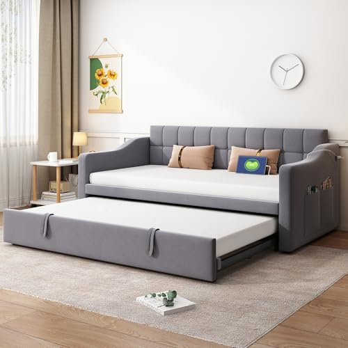 Schlafsofa 90/180x190 cm mit Ausziehbett Daybed mit Steckdose Aufbewahrungstasche Polsterbett für Erwachsene Jugendliche Tagesbett mit Lattenrost Gästebett Ohne Matratze Grau