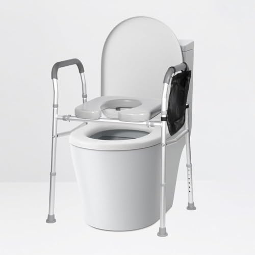Toilettensitzerhöhung mit Armlehnen,WC Sitzerhöhung,Toilettenstuhl,Verstärktes und Rutschfestes Design, Verstellbare Breite und Höhe, WC-Sitzerhöhungen für Senioren mit Seitentasche, 137 kg Tragkraft