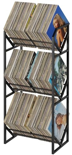 PAPAGIFTREE 3 Tier Vinyl Record Storage Rack, Metal Shelf Stores 300 LPs, Large Capacity Album Holder Stand with Reinforced Design for Albums, Magazine, Book