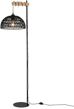 Alpinaluz Lampadaire en rotin noir tressé à la main Ø32 cm, avec base en métal noir et touche de bois naturel, style bohème moderne – Douille E27 – 158 cm pour salon ou coin lecture