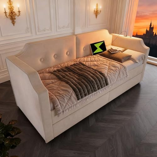 Multifunktionell soffa med USB-lä och förvaringsutrymme, 90 x 200 cm, stoppad säng som dagsäng, barnsäng och ungdomssäng, med galler av träribbor i sammet, beige