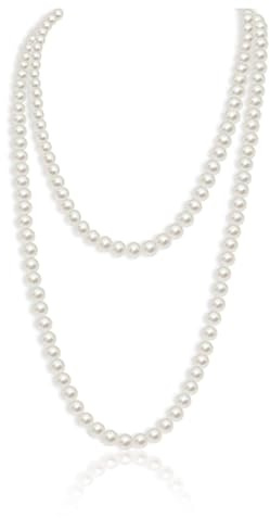 Weiße Lange Perlenkette Damen,150cm Perlenkette,Perlen Halsketten Doppelschicht Vintage 1920er Jahre Künstliche Perlens Choker Perlen Halskette,Elegante Faux Weiße Perlens für Hochzeitsfeier Zubehör