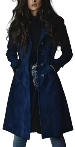 Giacca in pelle scamosciata per le donne Autunno Retro Doppio Petto Classico Risvolto Sottile Signore Faux Suede Cappotto Elegante Camoscio Lungo Trench Cappotto, Blu, S