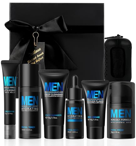 BeauBase Set Cuidado Facial Hombre, 7 piezas Skincare Set Men, con Limpiador, Loción, Tónico, Sérum, Contorno de Ojos y BB Cream, para Día y Noche Hidratante y Cuidado Diario de la Piel