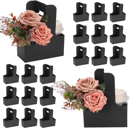QUARKZMAN 2 Portavasos Con Asa 20 Pcs Bolsas De Regalo Kraft Para Flores Caja De Embalaje Floral Portavasos De Cartón Portátil Para Café Té Ramo Fiesta De Cumpleaños Negro