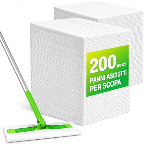 200 Panni Cattura Polvere per Scopa, Ricariche Asciutte Monouso Universali, Salviette Antipolvere per Pavimenti Duri, Parquet, Laminato, Piastrelle, Peli Animali, Casa e Ufficio