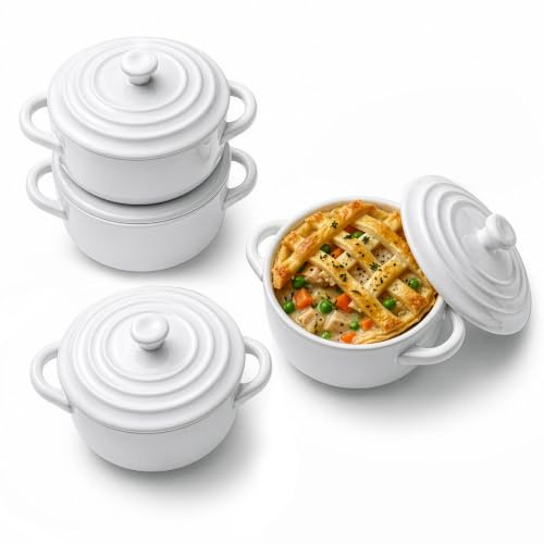 GoDyna 440ML Mini Casserole Dishes for Oven Set of 4, 13×8cm White Porcelain Ramekins with Lid & Handles, Ceramic Mini Cocotte Baking Dishes for Soufflé, Soup, Lasagna & Dessert (13×8cm)