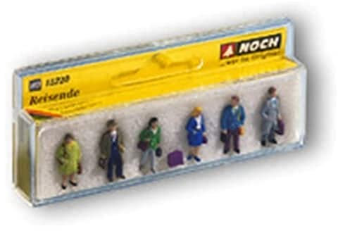 NOCH H0 Figuren-Set „Reisende“, handbemalte Modellfiguren, 6 Figuren für Spur H0, ideal zum Basteln und Modellbahn Ausschmücken