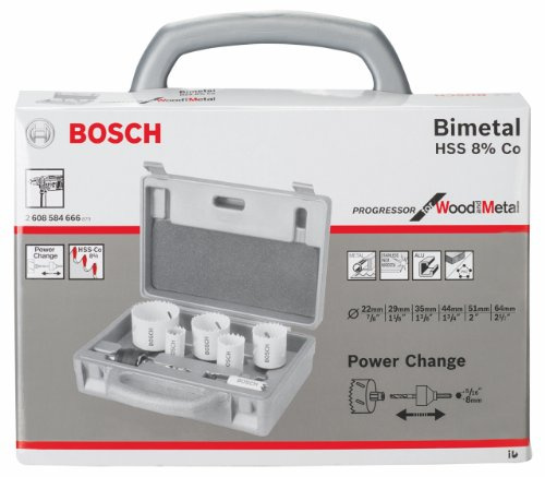 Bosch Professional 9 tlg. Lochsäge HSS BiM Progressor for Wood & Metal Set Elektriker (für rostfreien Edelstahl und Metall, Ø 22-64 mm, Zubehör Bohrmaschine)