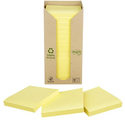 Post-it Recycling-Notes, 16 Blöcke (1600 Blatt), 76 mm x 76 mm, Gelb | Selbstklebende Notizzettel aus Recyclingpapier für Erinnerungen, Listen und Planung; Haften und Lassen Sich Sauber Entfernen