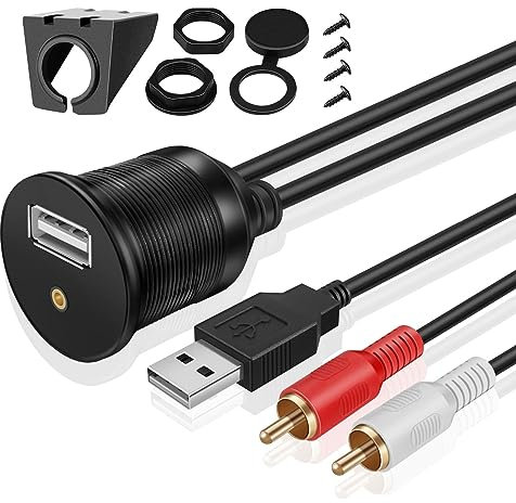 TNP USB RCA Flush Mount Cable - Dashboard Panel Dash Mount Port USB + RCA to 3.5mm AUX Socket Jack Plug Connector Extension Wire Cord for Car Truck Trailer Boat Motorcycle (1M / 3FT)