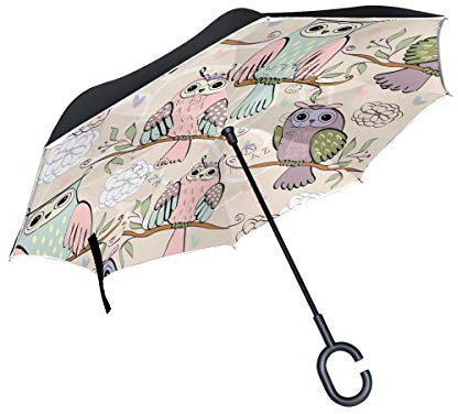 MNSRUU Umkehrbarer Regenschirm, Eulen-Muster, doppellagig, faltbar, Winddicht, UV-Schutz, Winddicht, Reise-Regenschirm für Damen und Herren