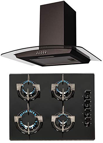 SIA 60cm Black 4 Burner Gas On Glass Hob And Curved Glass Cooker Hood Extractor