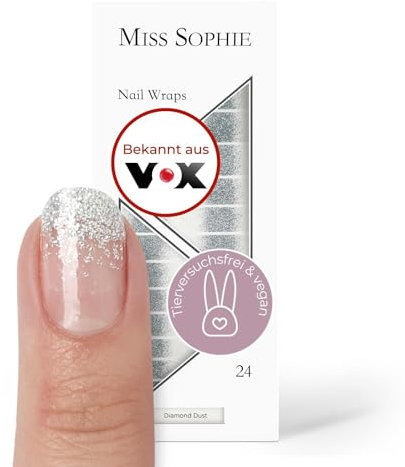 Original Miss Sophie Nagelfolien Diamond Dust I 24 ultra-dünne Nagellack-Streifen mit Farbverlauf Glitzer, Silber I Für Finger-&Fußnägel I Hält auf Natur- sowie lackierten, Acryl-, Gel-&Shellac-Nägeln