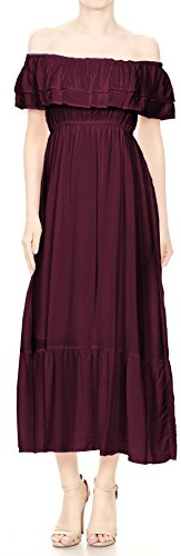 Anna-Kaci Womens Boho Peasant Ruffle Stretchy Short Sleeve Long Dress, Burgundy, Small