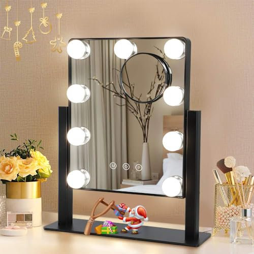 Depuley Hollywood Schminkspiegel mit Beleuchtung, 360° Drehbar Spiegel mit 3 Farbe Licht Umwandlung, 9 dimmbare Led Licht, schwarz Kosmetikspiegel mit Licht für Schminktisch Bad Wohnzimmer