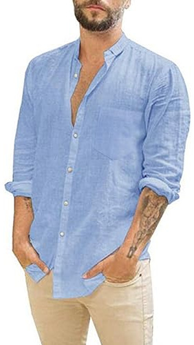 LVCBL Herren Shirt Männer Freizeithemd Langarm Sommer Strand Hemd Hellblau L