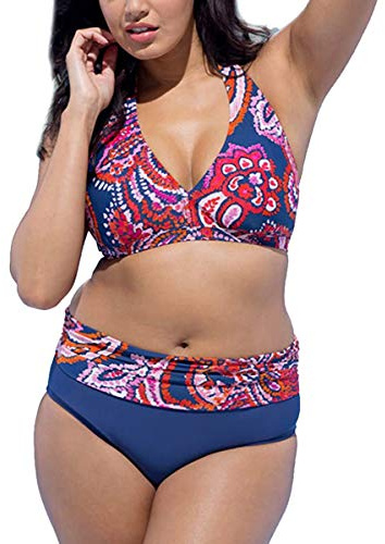 Joligiao Donna Bikini Taglie Forti Costumi da Bagno a Vita Alta Imbottito Stampato Ricamo Costume Donna Mare Due Pezzi Set Regolabile Spiaggia Bikini(Rosso,XXL)