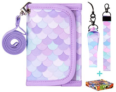 Choco Mocha Brustbeutel für Kinder, Geldbeutel für Mädchen mit Münzfach - Kinder Portemonnaie, Sichtfach, 3 Ersatz-Lanyard & 1 Geschenkbox(Lila)