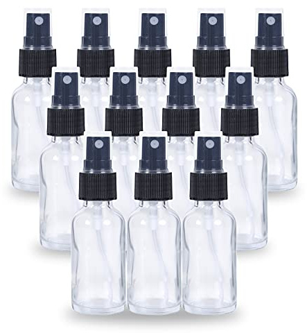 YONKAN 2oz Glass Spray Bottle, Fine Mist Boston Glass Bottles with Black Fine Mist Sprayer Small Clear Bottles for Essential Oils, Bath, Beauty, Hair & Cleaning, Clear, Pack of 12