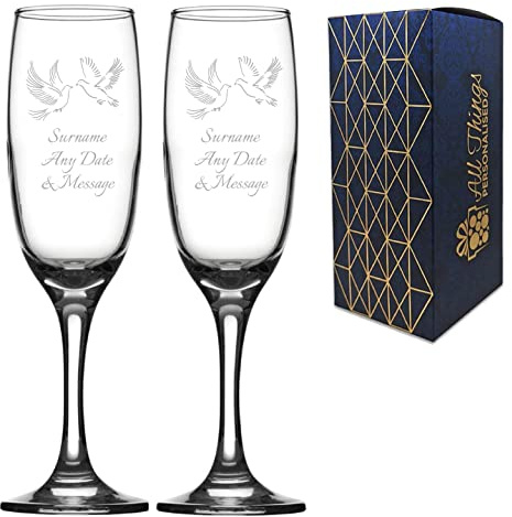 Personalised Engraved Wedding Champagne Set His and Hers, Wedding Doves, Any Date and Message Glasses, Holds Up to 7.5oz/221ml, Imperial Flute, Engraved in The UK