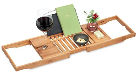 Relaxdays Badewannenablage, Bambus, 70-105 cm ausziehbar, Buchstütze, Weinglashalter, Badewannentisch, Natur/schwarz