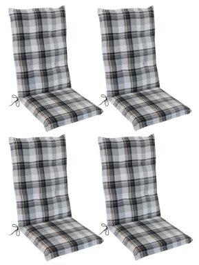 DILUMA Hochlehner Auflage Naxos für Gartenstühle 4er Set 118x49 cm Karo Grau - 6 cm Starke Premium Stuhlauflage mit Komfortschaumkern - Sitzauflage Made in EU
