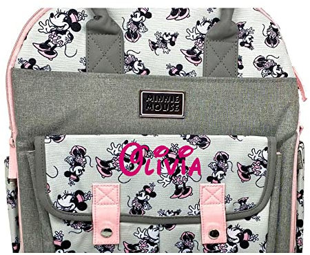 Disney Personalisierte Wickeltasche Charakter MICKEY MINNIE und MEHR Multi-Tasche Funktionelle Baby Wickeltasche Rucksäcke, Personalisierte Minnie Maus Rosa und Grau, One Size (Pack of 1), Rucksack
