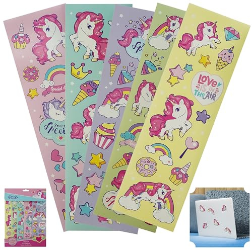 5X Unicorn Kids Sticker Sheets | 65 Waterproof PVC Rainbow Stickers | Reusable Peel & Stick Decals for Scrapbooking, Room Wall Decor, Notebooks, Party Favours & Christmas Gifts for Children