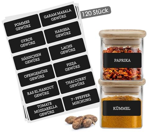 Gewürzetiketten Selbstklebend – 120 Sticker für Gewürzgläser & Gewürzdosen - Wasserfeste Gewürzaufkleber - Spice Jar Label - Beschriftete Etiketten für Küchenorganisation - Rechteckig Schwarz