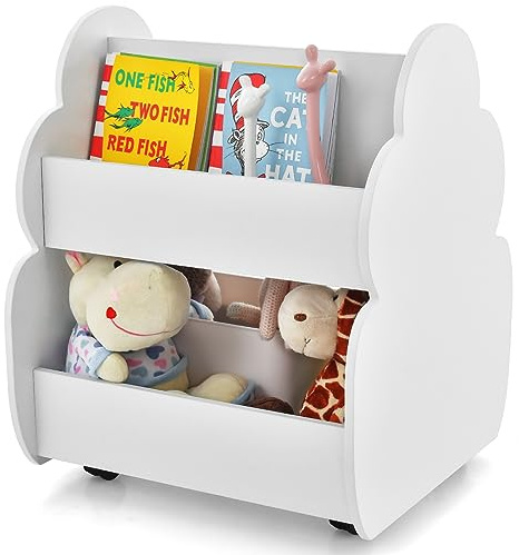 HOMASIS Kinder Bücherregal Spielzeugregal mit 2 Fächern, Holz Kinderregal Standregal mit 4 Rädern, niedliche Spielzeugkiste Aufbewahrung für Kinderzimmer, Spielzimmer & Kindergarten (Weiß)